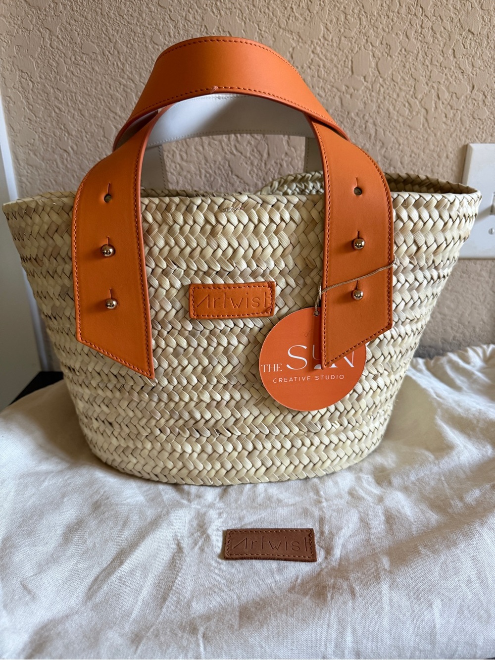 Handmade Wicker Bag with Orange Faux Leather Straps